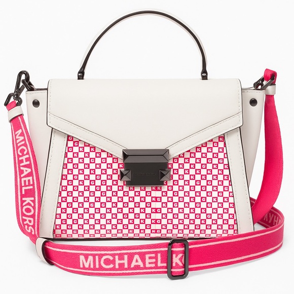Michael Kors Whitney Medium Neon Checkerboard Logo Satchel Crossbody White/Pink - Picture 1 of 14